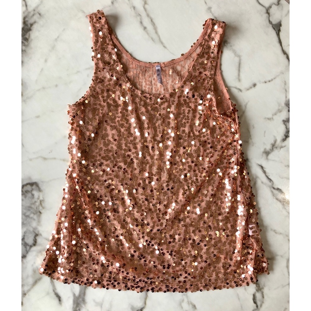 Heart & Hips Champagne Sequin Sheer Tank Small
